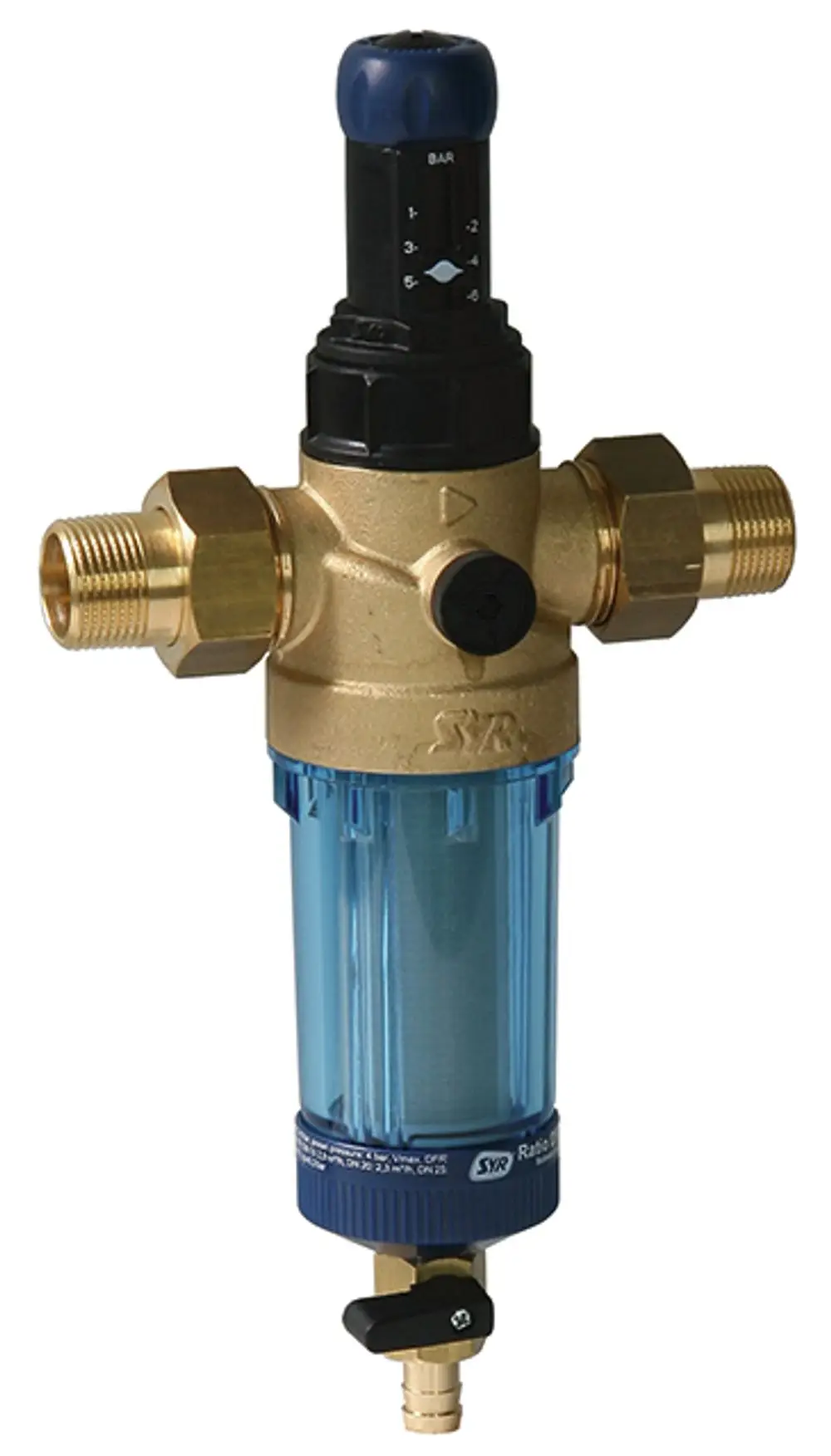Syr-Filter mit transparentem Gehäuse, Druckregler oben, zwei Anschlussmöglichkeiten und einem Wasserablassventil am unteren Ende.